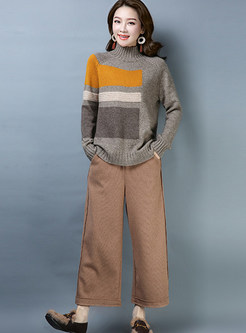 Turtle Neck Wool Color-blocked Pullover Sweater