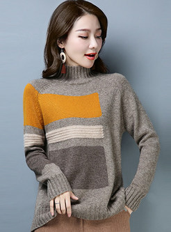 Turtle Neck Wool Color-blocked Pullover Sweater