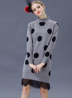 Lace Splicing Polka Dot High Neck Slim Knitted Dress