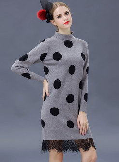 Lace Splicing Polka Dot High Neck Slim Knitted Dress
