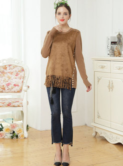 Pure Color Splicing Tassel Patch Beaded Sweater