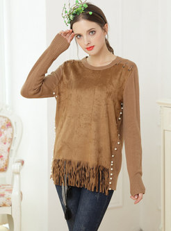 Pure Color Splicing Tassel Patch Beaded Sweater