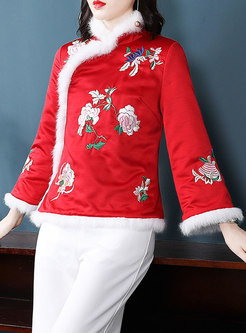Vintage Embroidered Stand Collar Thick Coat