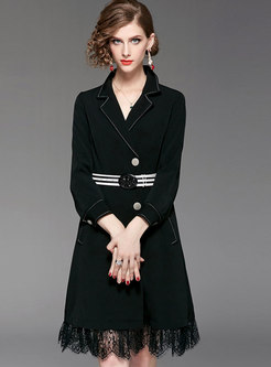 Stylish Black V-neck Lace Paneled Cinched Dress