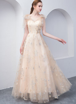 Champagne Elegant V-neck Double-layered Maxi Prom Dress