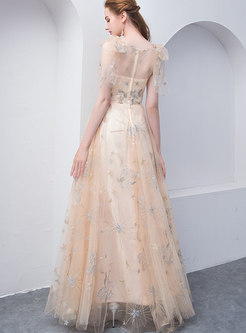 Champagne Elegant V-neck Double-layered Maxi Prom Dress