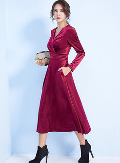 Winter Solid Color V-neck Long Sleeve Maxi Dress