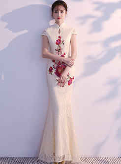 Fashion Mandarin Collar Lace Stitching Mermaid Evening Dress