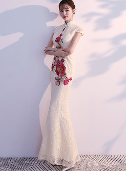 Fashion Mandarin Collar Lace Stitching Mermaid Evening Dress