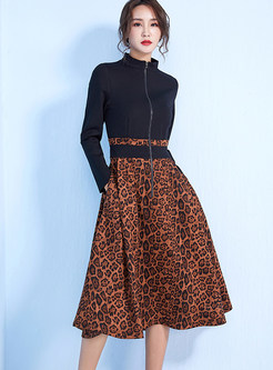 Stand Collar Zippered Splicing Leopard Skater Dress