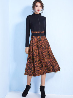 Stand Collar Zippered Splicing Leopard Skater Dress