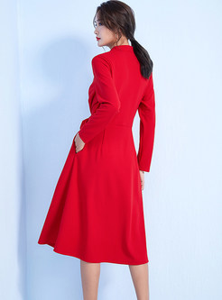 Brief V-neck Long Sleeve Pocket Mid-claf Dress