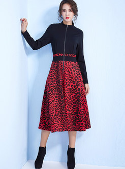 Color-blocked Slim Waist Leopard Print Dress