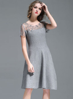 Lace Splicing Embroidered See-through Slim Knitted Dress