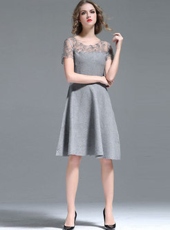 Lace Splicing Embroidered See-through Slim Knitted Dress