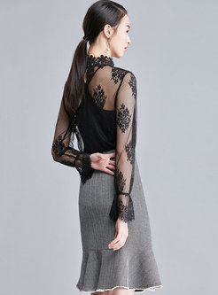 Fashion Flare Sleeve See-through Lace Blouse