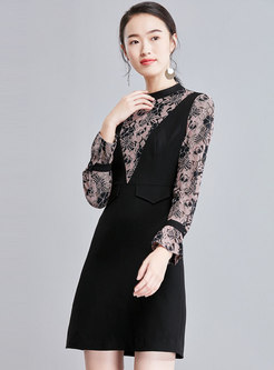 Elegant Flare Sleeve Lace Splicing A Line Dress