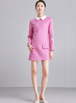 Pink Lapel Embroidered Slim Woolen Dress