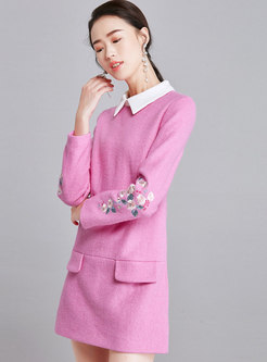 Pink Lapel Embroidered Slim Woolen Dress