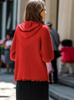 Fashion Red Solid Hooded Long Sleeve Drawstring Hoodies