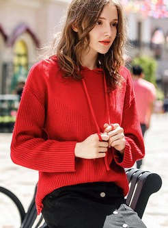 Fashion Red Solid Hooded Long Sleeve Drawstring Hoodies