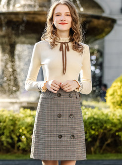 Vintage High Waist Slim Grid Easy-matching Skirt