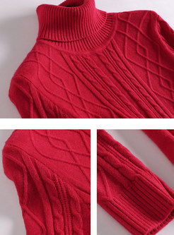 Red High Neck Long Sleeve Slim Sweater Dress