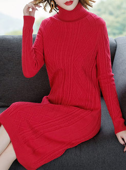 Red High Neck Long Sleeve Slim Sweater Dress