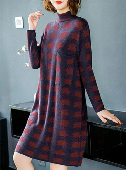 Autumn Stand Collar Long Sleeve Knitting Dress With Dots