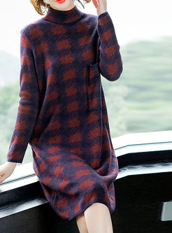 Autumn Stand Collar Long Sleeve Knitting Dress With Dots