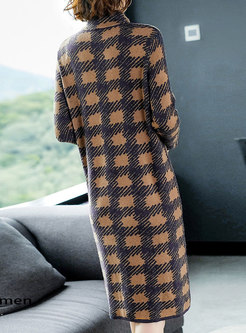 Autumn Khaki Stand Collar Long Sleeve Knitting Dress With Dots