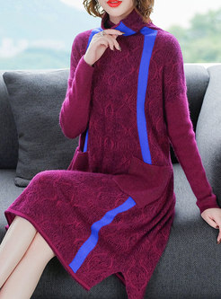Purple High Neck Striped Loose Knitted Dress With Pockets