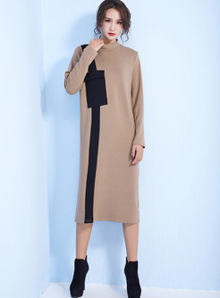 Casual Color-blocked Mid-claf Loose Knitted Dress