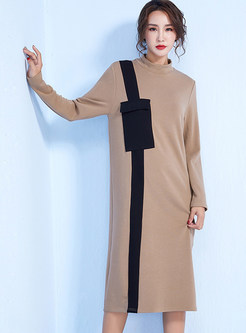 Casual Color-blocked Mid-claf Loose Knitted Dress