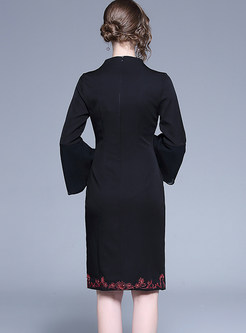 Stylish Flare Sleeve Embroidered Slit Sheath Dress