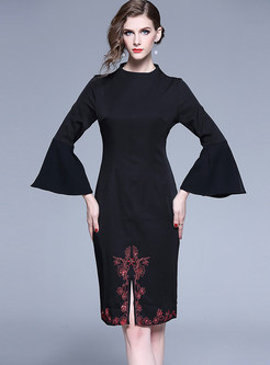 Stylish Flare Sleeve Embroidered Slit Sheath Dress