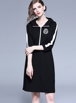Casual Color-blocked Hooded Zippered Slim Dress