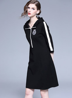 Casual Color-blocked Hooded Zippered Slim Dress