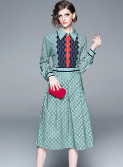Fashion Color-blocked Lapel A Line Dress