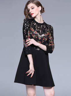 Black Lace Splicing Embroidered Print Skater Dress