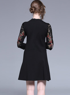 Black Lace Splicing Embroidered Print Skater Dress