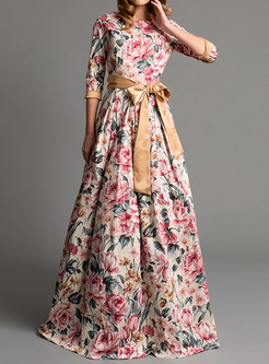 Bohemian Elegant Bowknot Waist Floral Maxi Dress