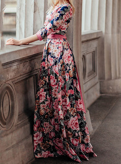 Bohemian Elegant Bowknot Waist Floral Maxi Dress