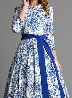 Blue Print O-neck Tie-waist Pocket A Line Dress