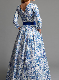 Blue Print O-neck Tie-waist Pocket A Line Dress