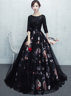 Elegant Lace Splicing Print High Waist Maxi Party Dress