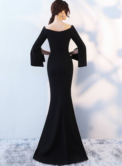 Elegant Deep V-neck Flare Sleeve Slit Mermaid Evening Dress