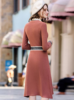 Caramel Stand Collar Long Sleeve Slim Knitted Dress