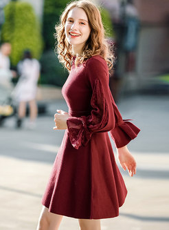 Wine Red Crew-neck Flare Sleeve A Line Knitted Dress