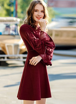 Wine Red Crew-neck Flare Sleeve A Line Knitted Dress